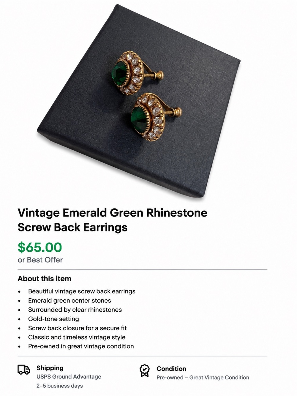 Emerald Green Rhinestone Screw Back Earrings - Gold Tone